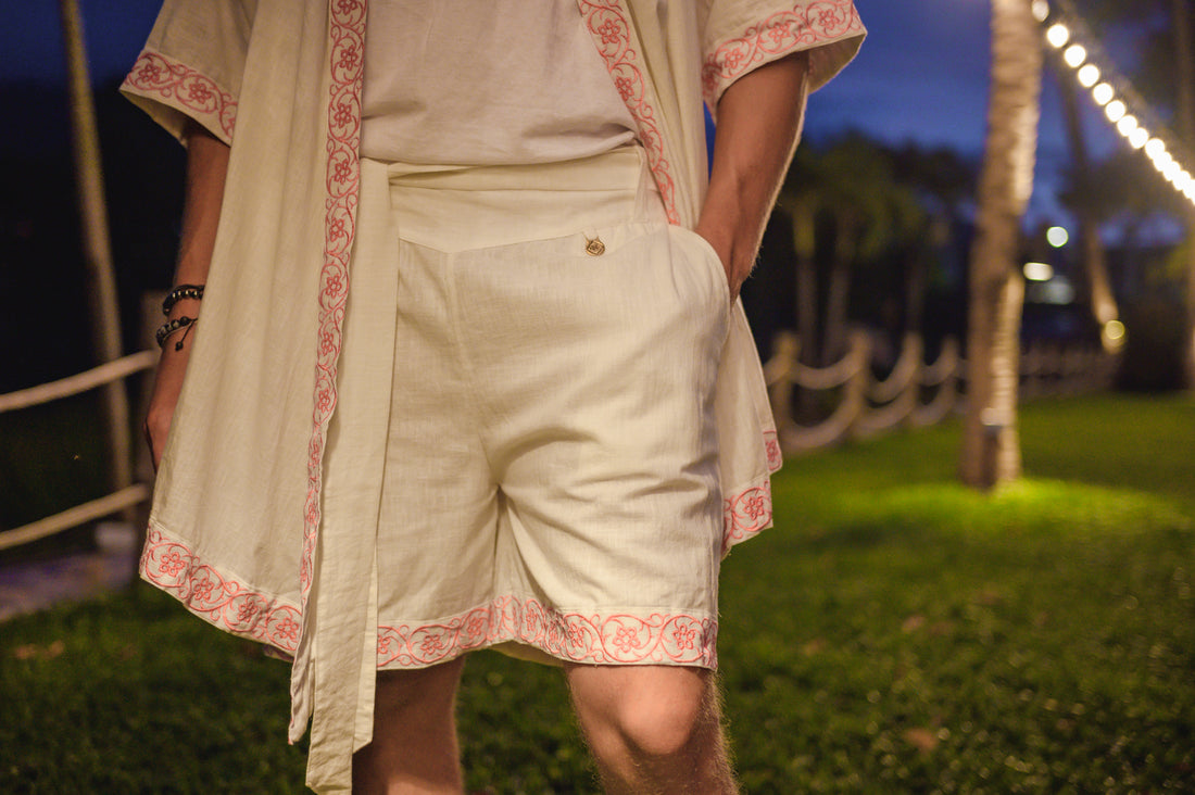 Embroidered Linen Shorts (Off-White)