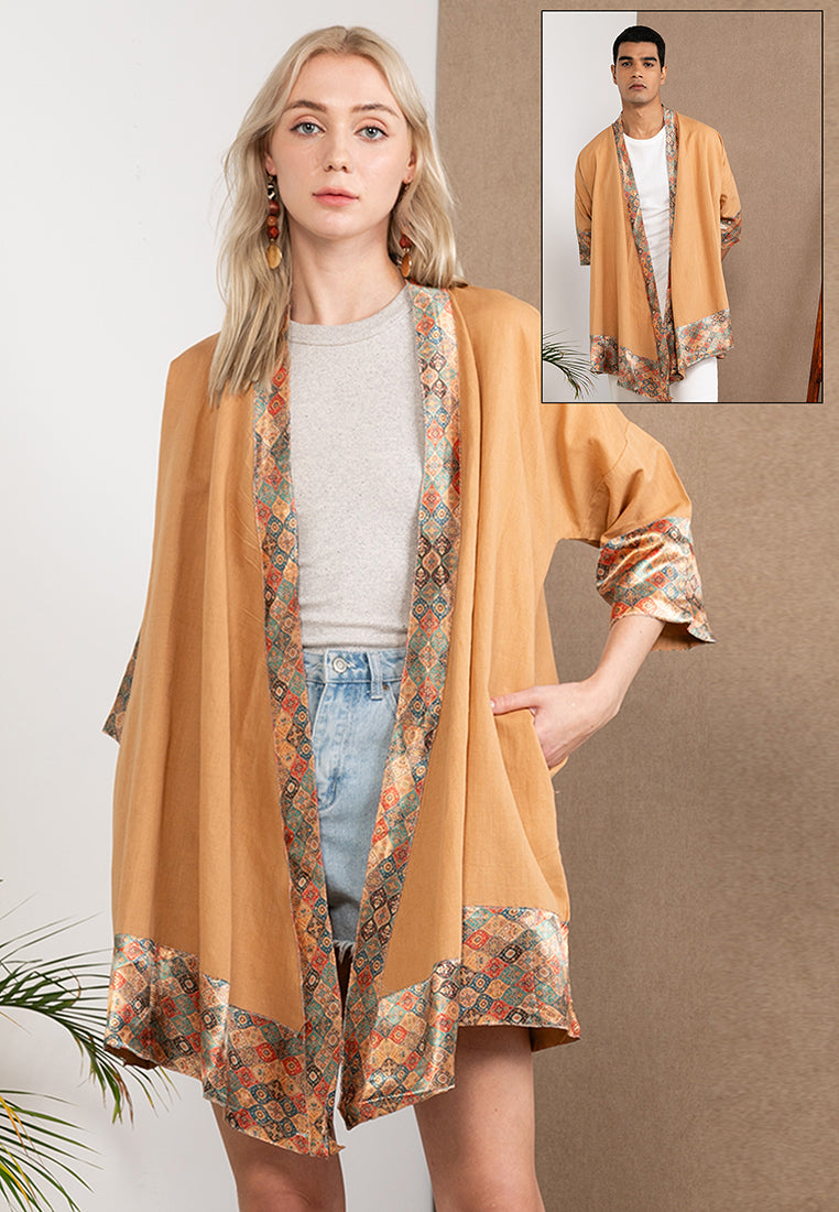 Embroidered Linen Kimono Brown