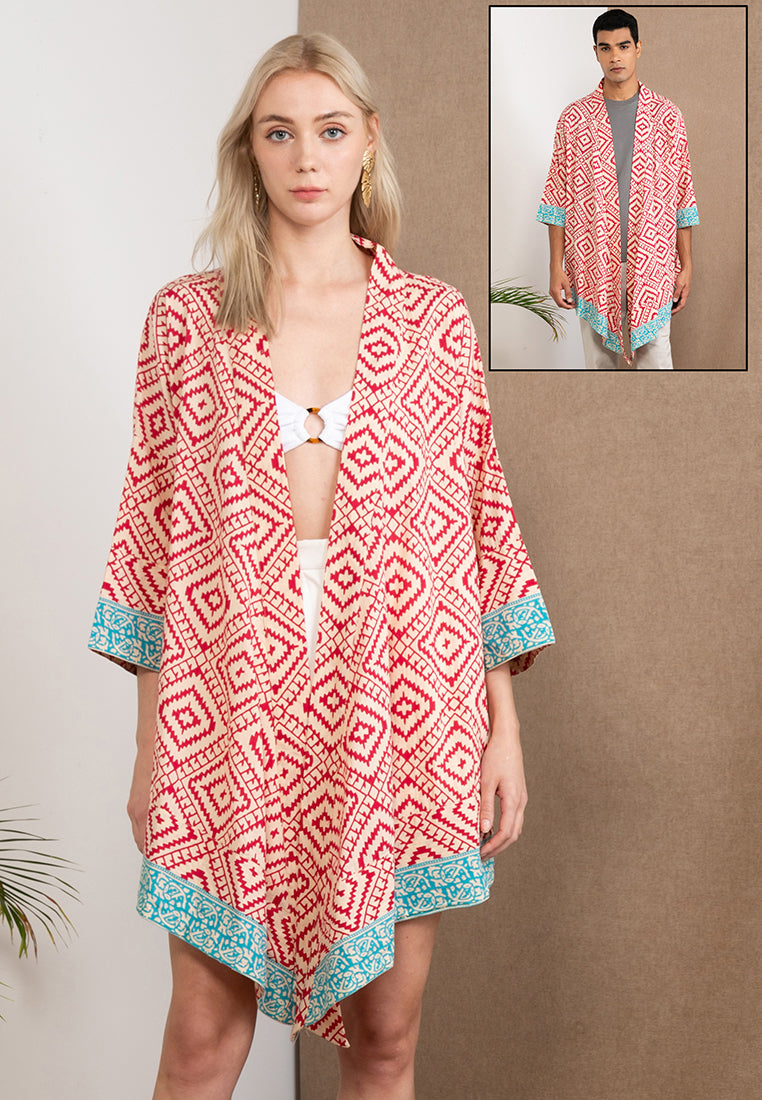 Short Woodblock Kimono ( Red )