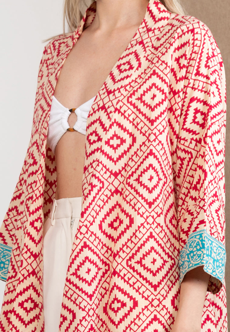 Short Woodblock Kimono ( Red )