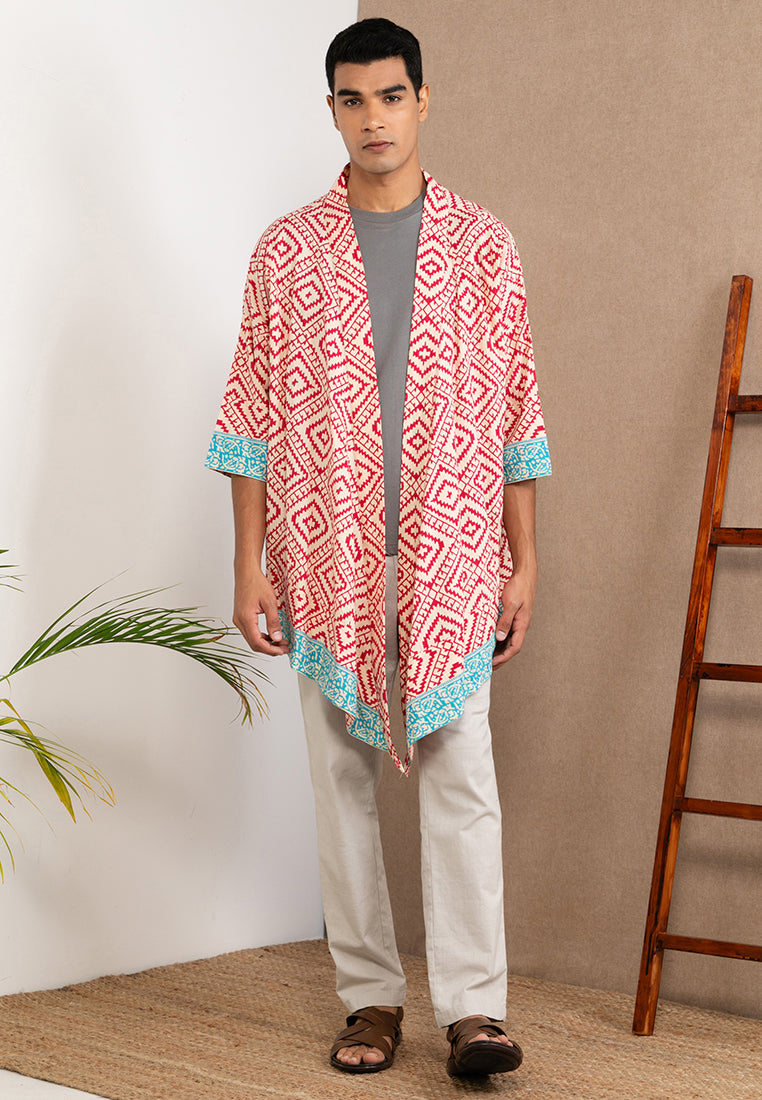 Short Woodblock Kimono ( Red )