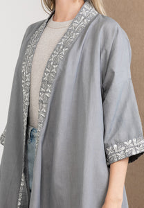 Embroidered Linen Kimono Grey