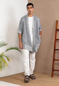 Embroidered Linen Kimono Grey