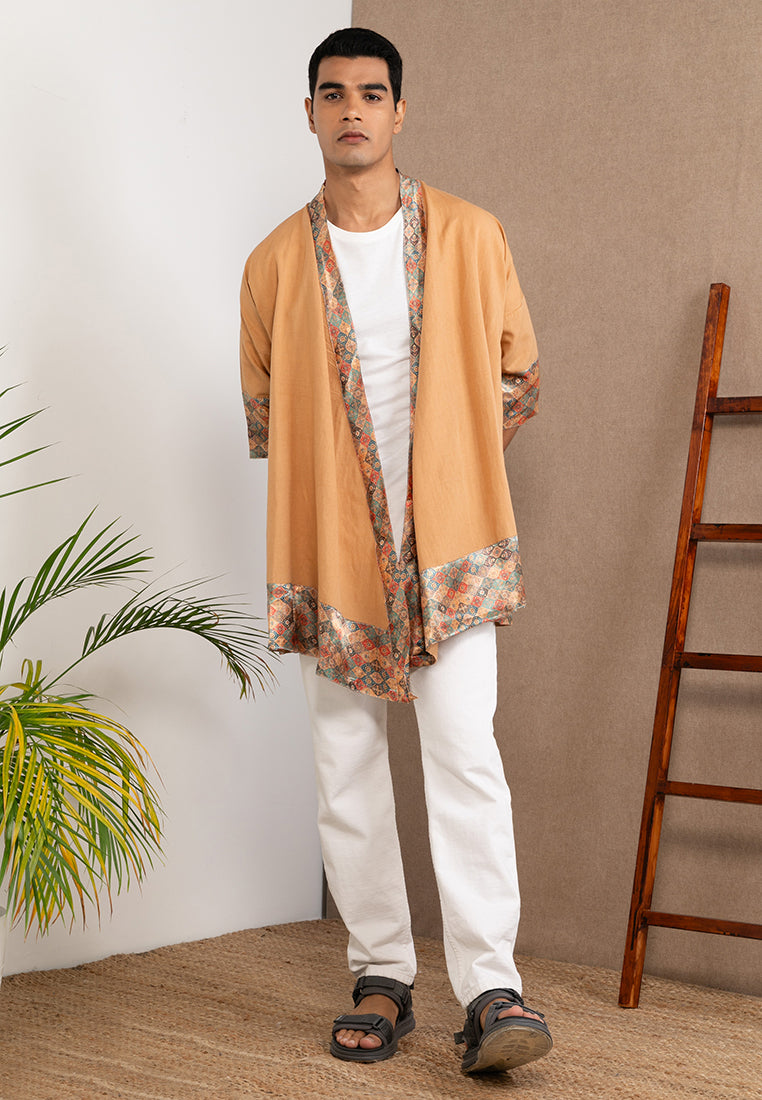 Embroidered Linen Kimono Brown
