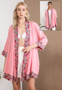 Embroidered Linen Kimono Pink