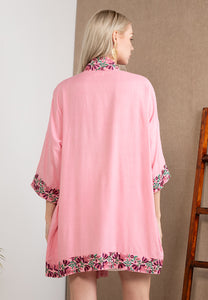 Embroidered Linen Kimono Pink