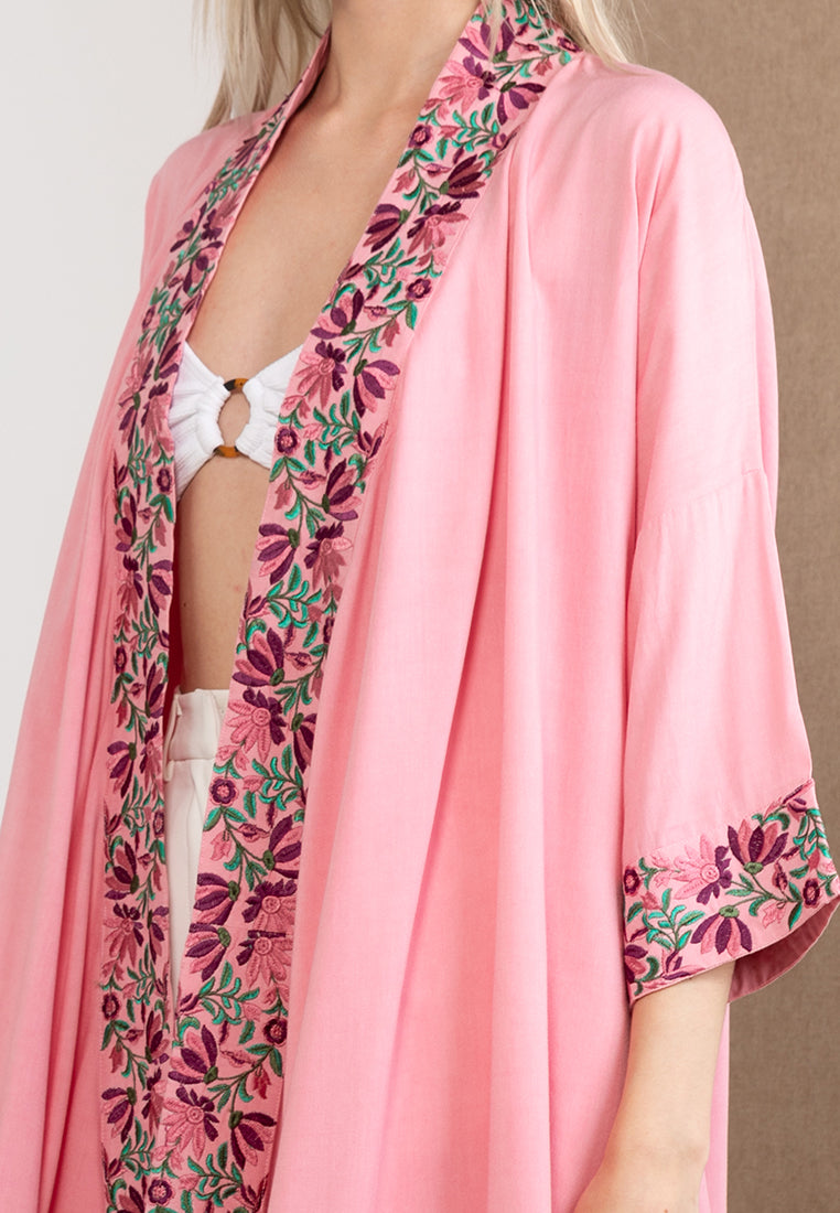 Embroidered Linen Kimono Pink