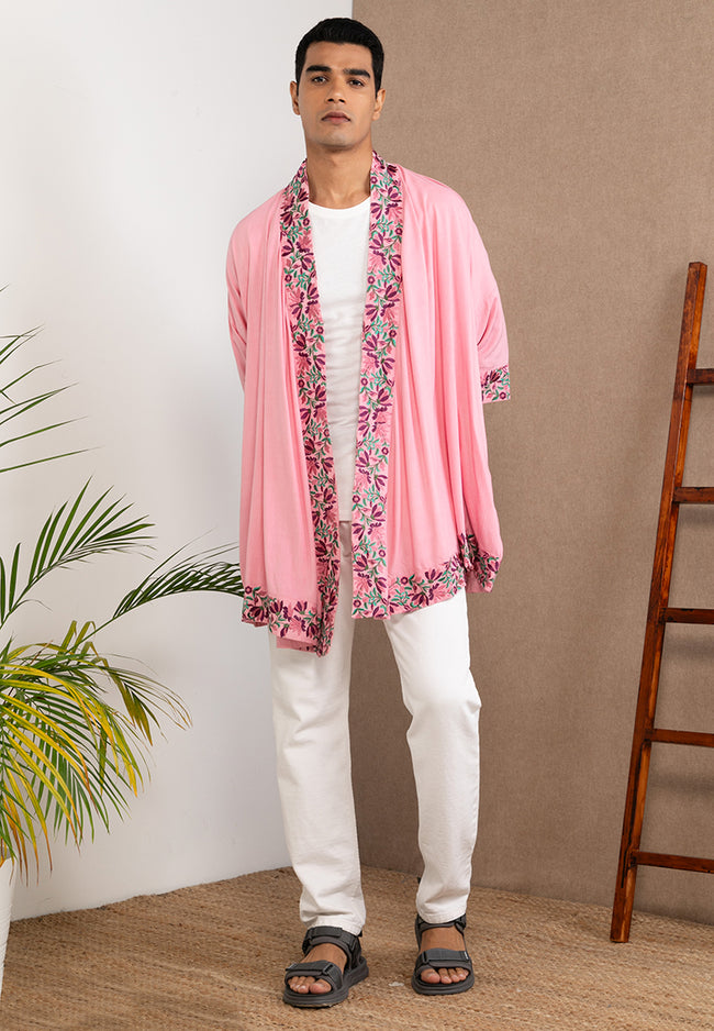 Embroidered Linen Kimono Pink