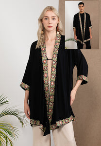 Embroidered Cotton Kimono Black