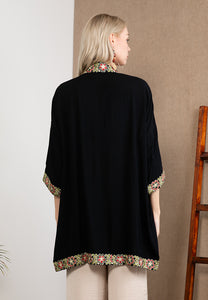 Embroidered Linen Kimono Black