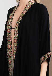 Embroidered Linen Kimono Black