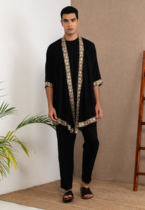 Embroidered Linen Kimono Black