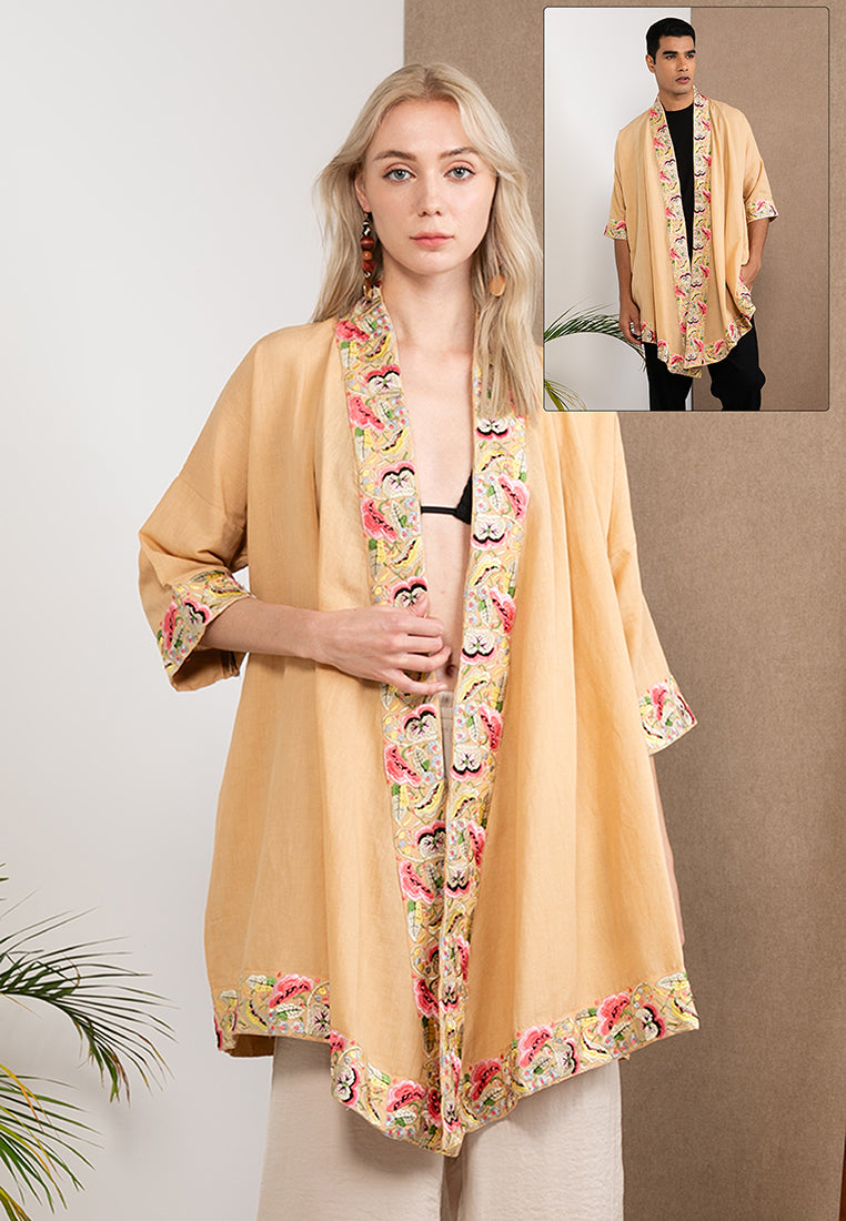 Embroidered Linen Kimono Beige