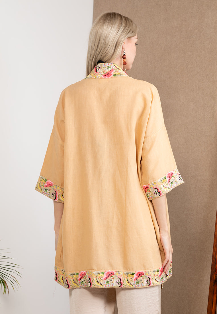 Embroidered Linen Kimono Beige