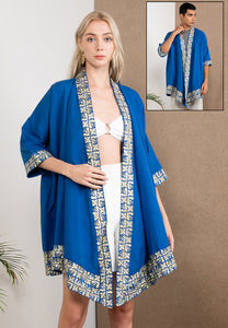 Embroidered Linen Kimono Blue