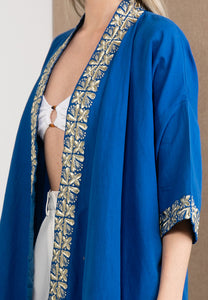 Embroidered Linen Kimono Blue