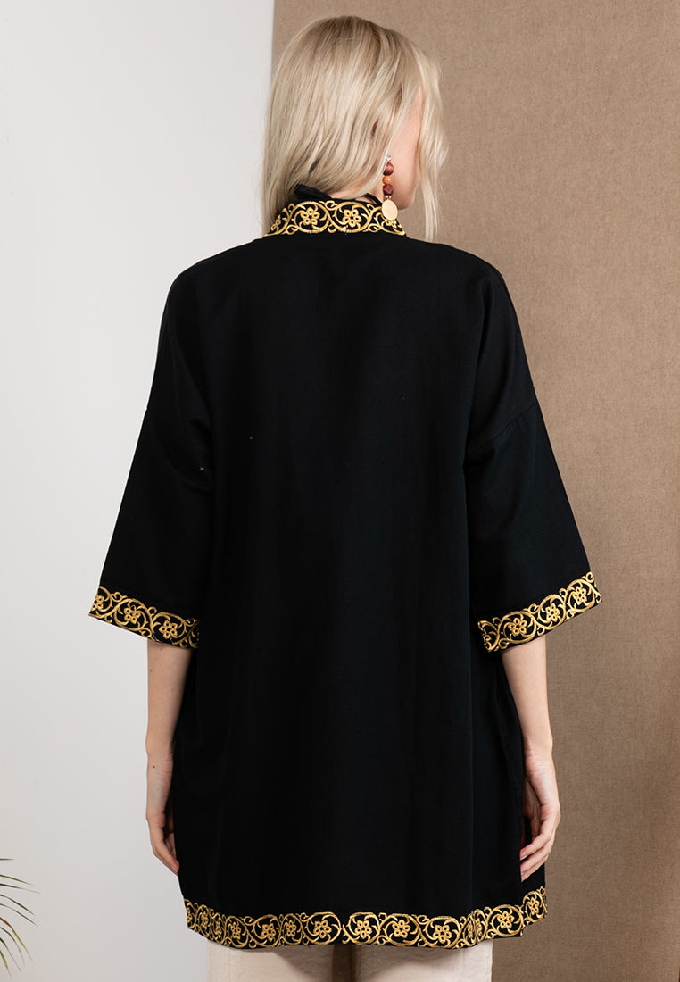 Embroidered Linen Kimono Black