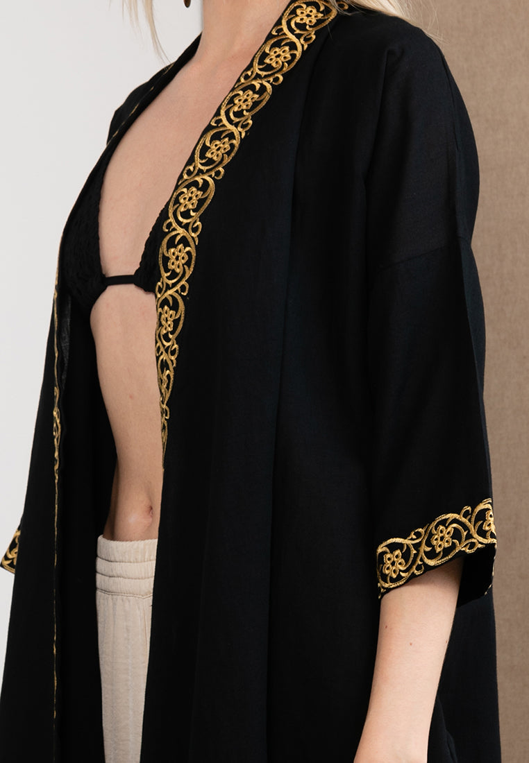 Embroidered Linen Kimono Black