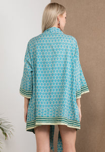 Short Wood Block Kimono (Cerulean)