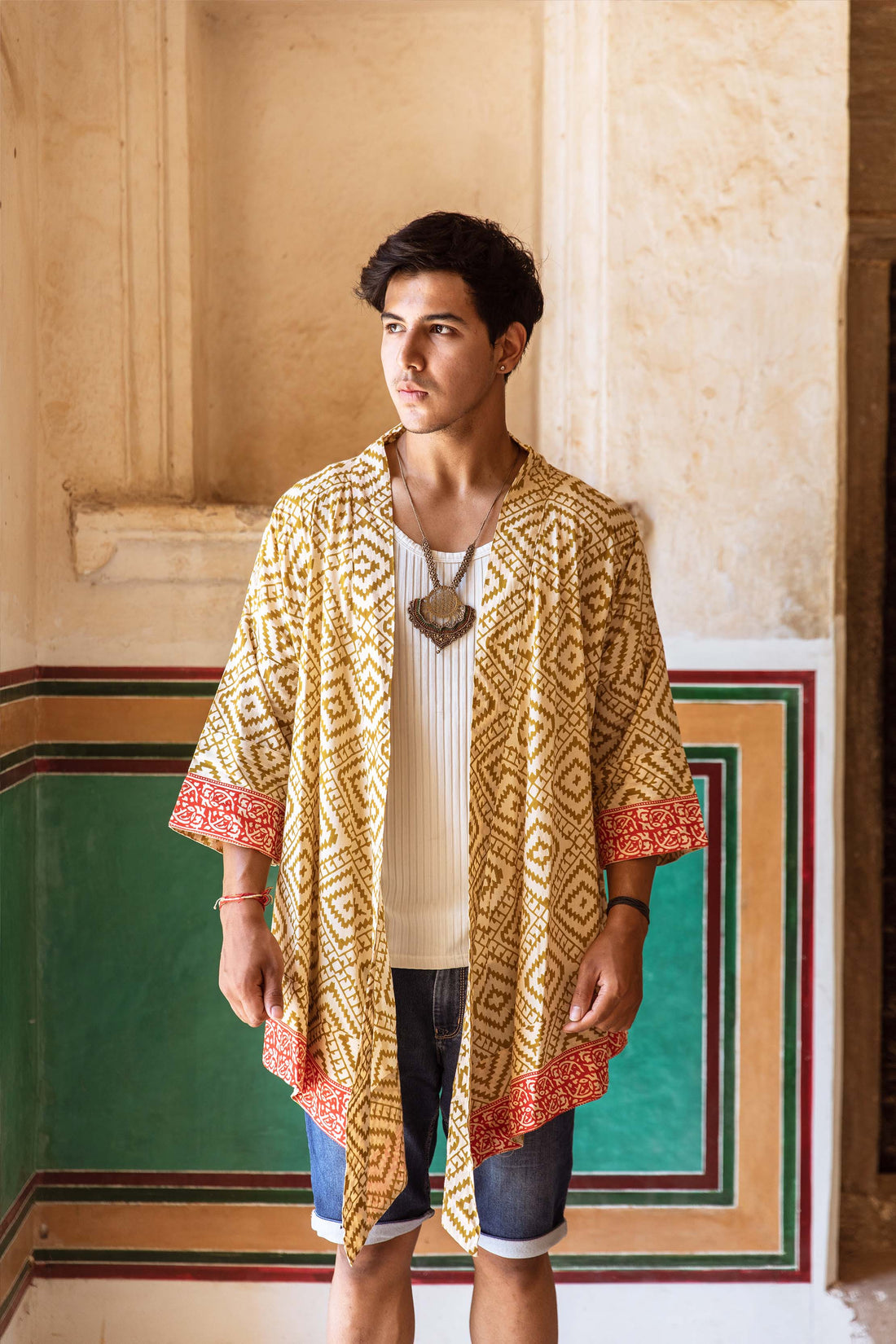 Short Woodblock Kimono (Green)